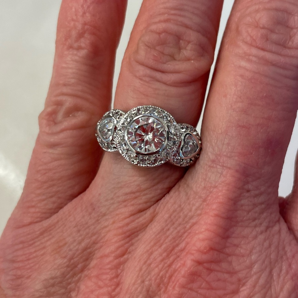 Three Stone Ring with Halo Setting Size 6